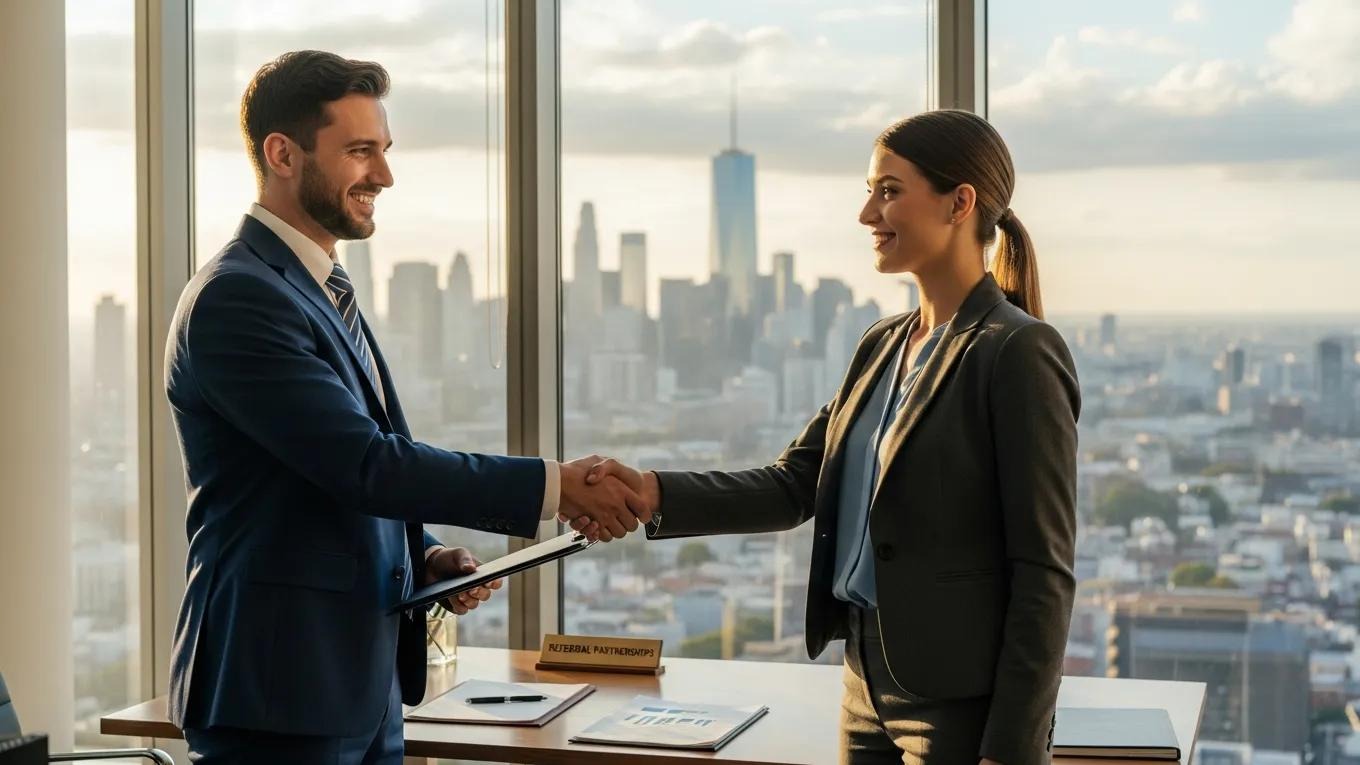 Business partners shaking hands to signify trust in referral partnerships Image