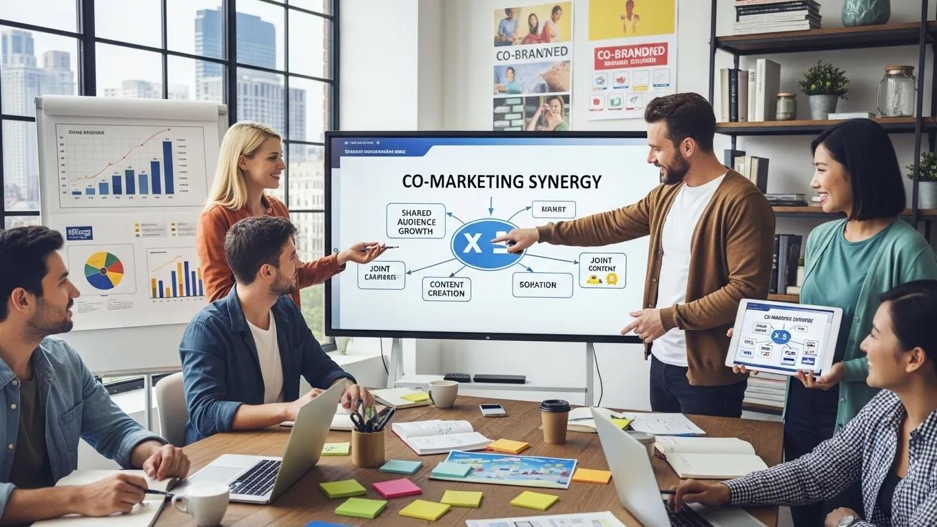 Marketers collaborating on co-marketing strategies in a creative workspace Image